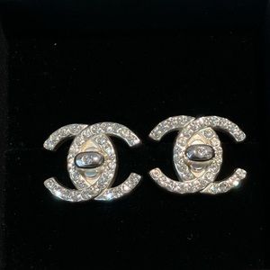 Authentic CHANEL CC Rhinestone Turnlock Motif Earrings Clip-On